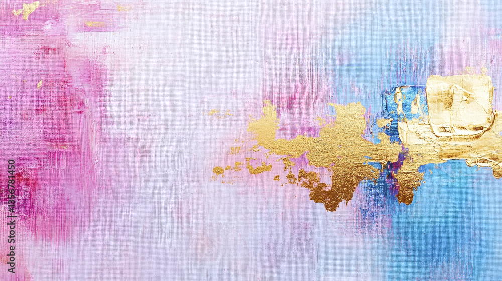 Obraz premium Elegant abstract painting with shimmering gold accents pink and blue background, evoking sense of tranquility and creativity