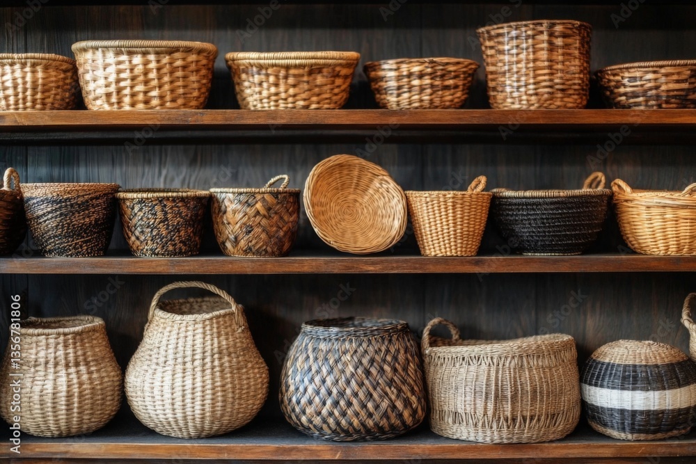 Beautiful collection of woven baskets displayed on rustic wooden shelves in a cozy interior Beautiful collection of woven baskets displayed on rustic wooden shelves in a cozy interior