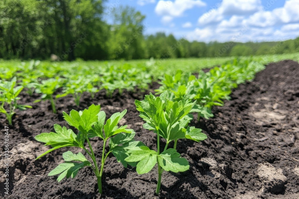 Freshly planted herbs growing in a lush field under a bright blue sky with clouds in late spring Freshly planted herbs growing in a lush field under a bright blue sky with clouds in late spring