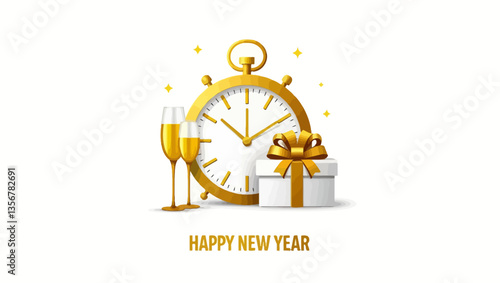 Golden Hour New Year: A golden pocket watch symbolizing time, adorned with a delicate bow, sits next to a beautifully wrapped gift and two shimmering champagne flutes, creating a festive.