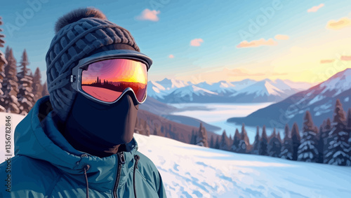 Snowboarder at Sunrise: A snowboarder pauses to take in a breathtaking sunrise over a snow-covered mountain range, the vibrant colors reflected in their goggles.