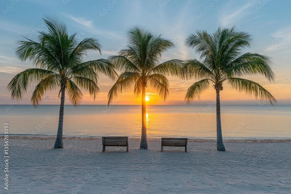 Fototapeta premium Serene tropical beach sunset with palm trees and benches evoking peaceful vacation vibes and tranquil ocean view creating a perfect escape