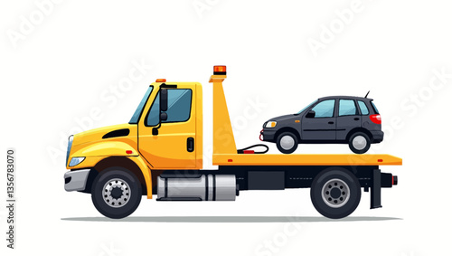 A yellow tow truck lifting a red car, showing the vehicle recovery process and transport services for emergencies.