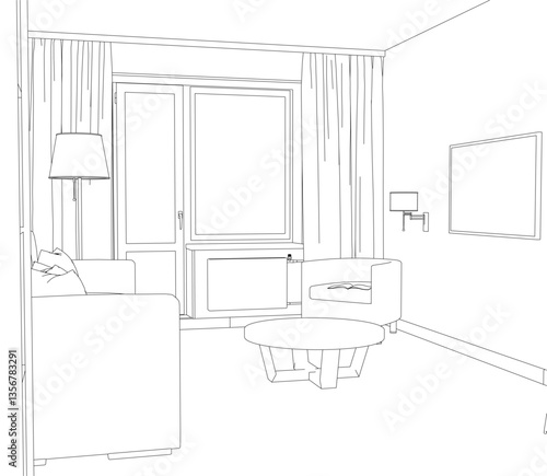 A room with a couch, a table, and a lamp. The room is empty and has a minimalist design