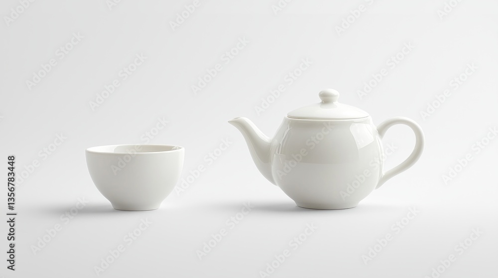 Elegant white tea set showcasing classic design teapot and a cup for traditional tea time with simple backdrop Elegant white tea set showcasing classic design teapot and a cup for traditional tea time with simple backdrop