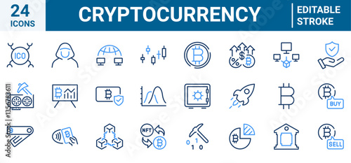 Cryptocurrency economy web icons collection. Blockchain package. Bitcoin, NFT, Vector illustration. Outline icon. Editable stroke.