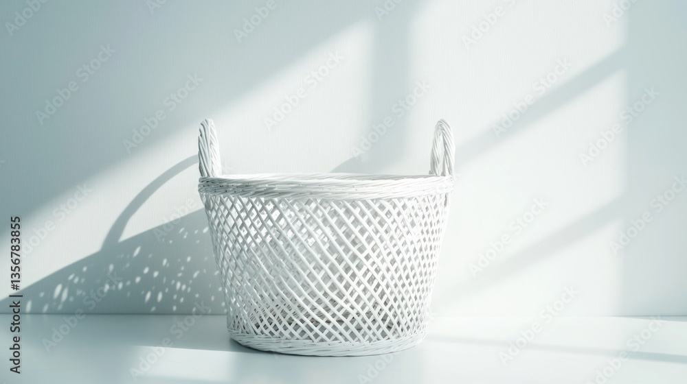 Fototapeta premium Minimalist White Wicker Basket in Bright Sunlight against Textured Wall for Natural Home Decor Look