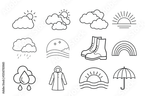 A set of line icons related to Weather. Cloud, sun, moon, temperature, humidity, wind, snow, and so on. Vector editable stroke.