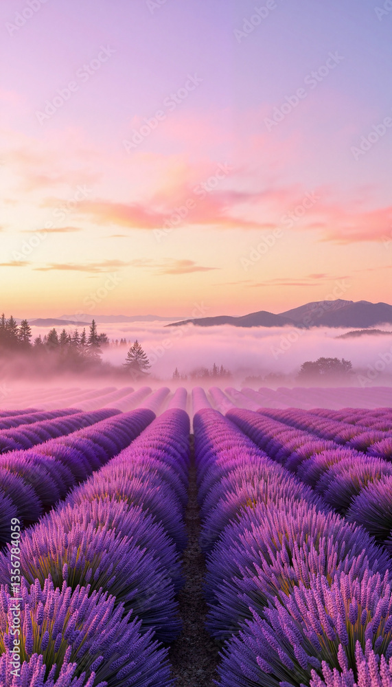 Vibrant lavender fields at dawn with gentle mist, romantic countryside Vibrant lavender fields at dawn with gentle mist, romantic countryside