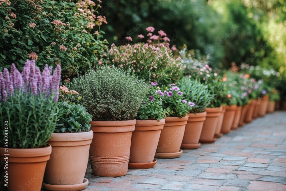 Fototapeta premium Colorful flower pots line a garden path showcasing vibrant blooms and lush greenery during a sunny day in spring