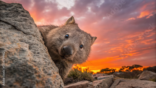 Curious wombat peeking from behind rock at sunset, showcasing its adorable features against vibrant sky