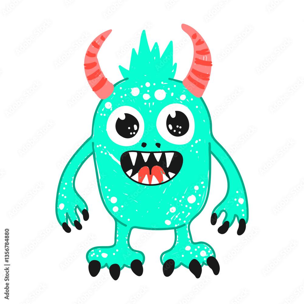 Fototapeta premium Cute green monster, hand-drawn with a felt-tip pen