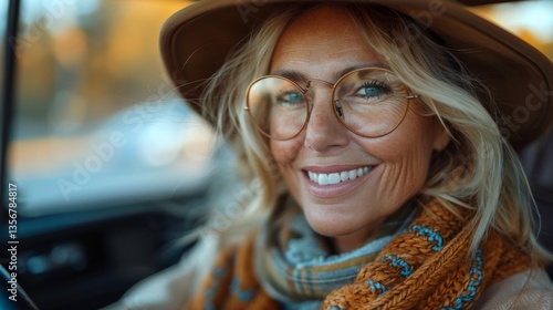 portrait of smiling beautiful caucasian mature woman 55-60 years old in glasses and hat traveling by car