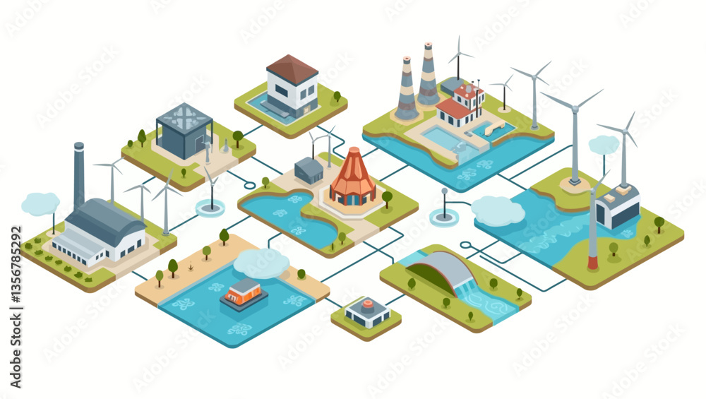 A series of isometric illustrations showcasing various energy infrastructure elements such as wind turbines, solar panels, water systems, and industrial energy buildings. A series of isometric illustrations showcasing various energy infrastructure elements such as wind turbines, solar panels, water systems, and industrial energy buildings.