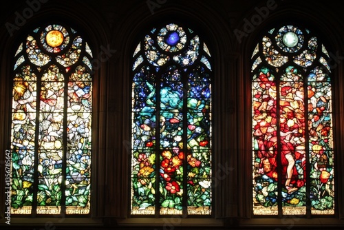 Beautiful stained glass windows showcasing vibrant colors and intricate designs in an old cathedral