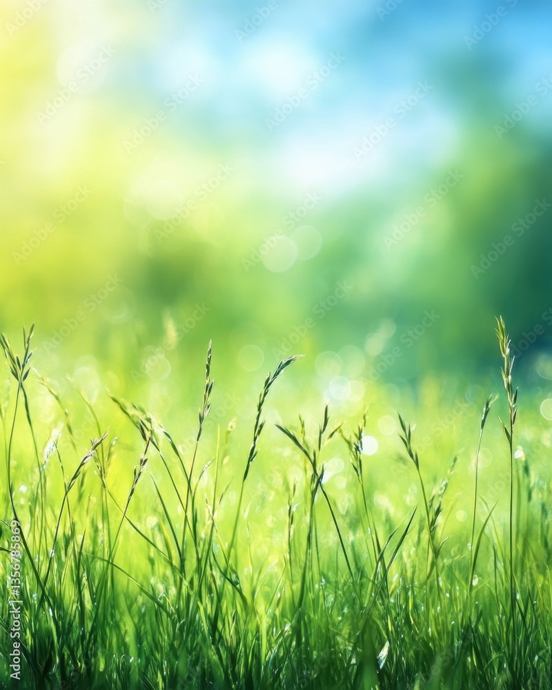 Serene Meadow of Green Grass Blades Bathed in Sunlight with Bokeh Background and Soft Focus for Tranquil Nature Scene Serene Meadow of Green Grass Blades Bathed in Sunlight with Bokeh Background and Soft Focus for Tranquil Nature Scene