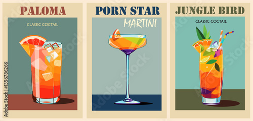 Cocktails retro poster set. White Russian, Cuba Libre, Whiskey Sour. Collection of popular alcohol drinks. Vintage flat vector illustrations for bar, pub, restaurant decoration, kitchen wall art print