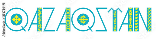 Country name Qazaqstan, ethnic art, kazakh ornament, isolated on a white background, vector design