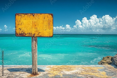 Vibrant ocean view with a weathered yellow sign on a rocky shore during daylight