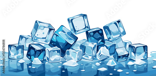 Realistic vector illustration of melting ice cubes with reflections and water splashes. Perfect for drink ads, summer themes, and refreshment concepts.