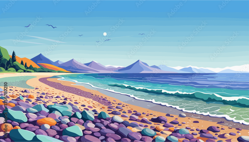 Scenic coastal landscape with turquoise sea, pebble beach, and distant mountains. Tranquil nature illustration perfect for travel, relaxation, and summer-themed designs.