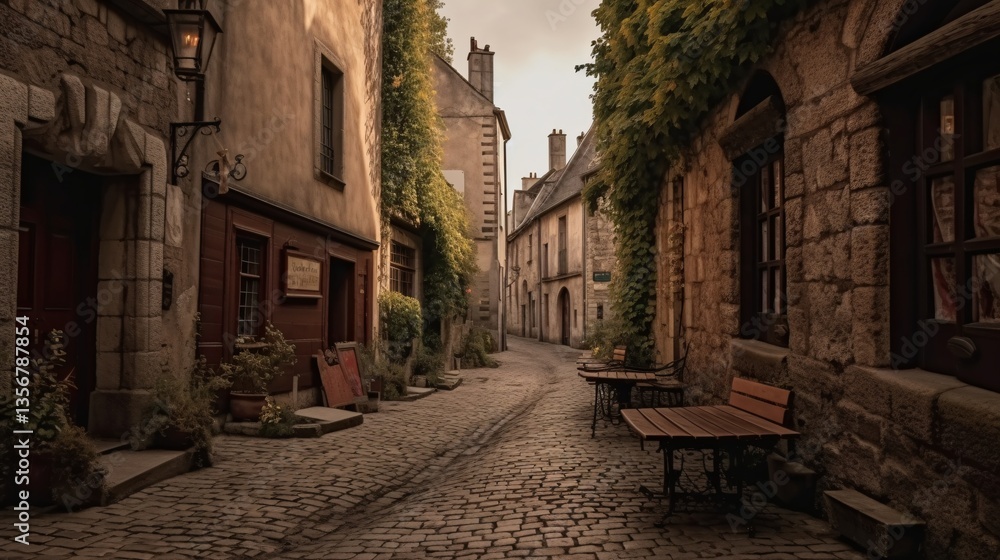 Picturesque Cobblestone Street Cafe Serenity in Medieval European Town Ambiance and History Picturesque Cobblestone Street Cafe Serenity in Medieval European Town Ambiance and History