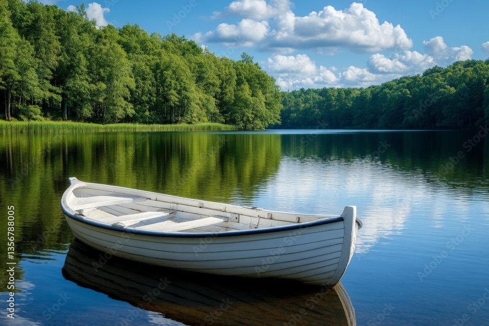 Serene white boat floats on calm water surrounded by lush greenery under a bright blue sky with fluffy clouds Serene white boat floats on calm water surrounded by lush greenery under a bright blue sky with fluffy clouds