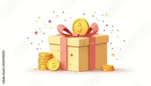 Stylish golden gift box with pink ribbon, surrounded by gold coins, ideal for casino bonuses, promotions, and special offers.