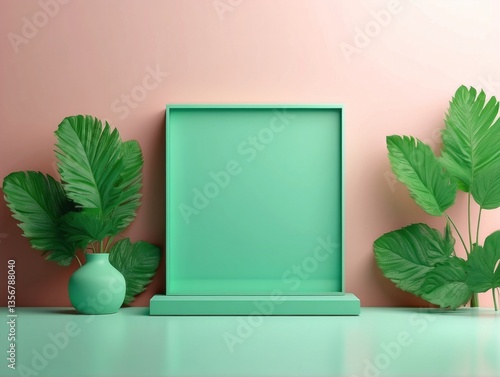 Blank mint green display on vivid summer background with minimal style