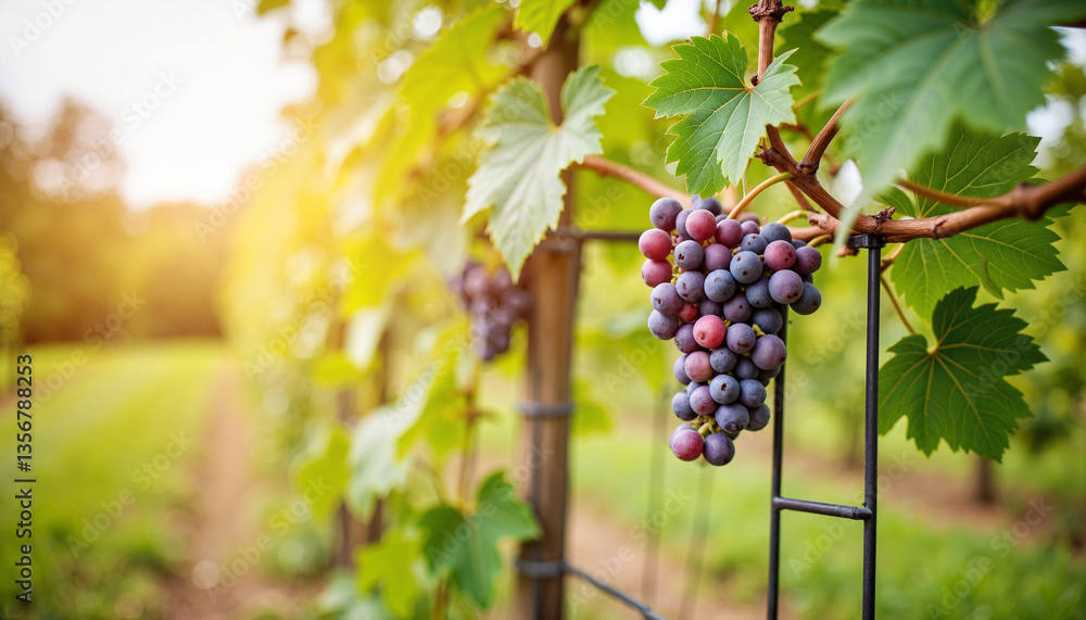 Naklejka premium Vibrant grapes growing on trellis during golden hour, nature's bounty