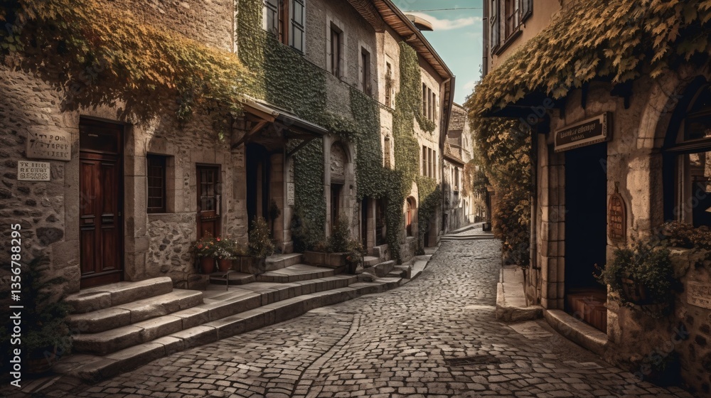 Fototapeta premium Quaint European Village Street with Stone Buildings and Cobblestone Road Architecture