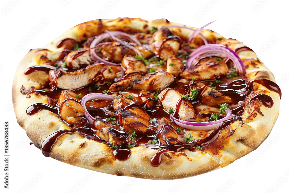 A barbecue pizza with grilled poultry and red onion rings isolated on transparent background A barbecue pizza with grilled poultry and red onion rings isolated on transparent background