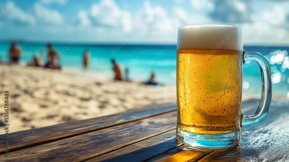 海辺のテーブルに置かれたジョッキビール 海辺のテーブルに置かれたジョッキビール