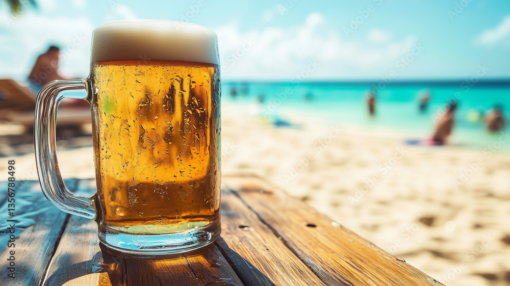 海辺のテーブルに置かれたジョッキビール 海辺のテーブルに置かれたジョッキビール