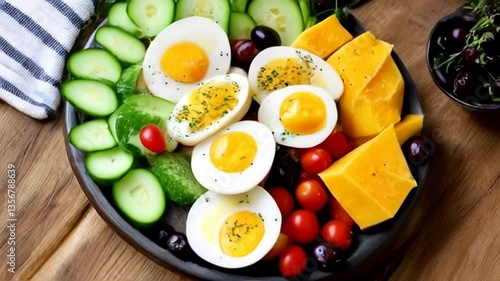Preparing Healthy Keto Diet Plate with Eggs Cheese and Vegetables