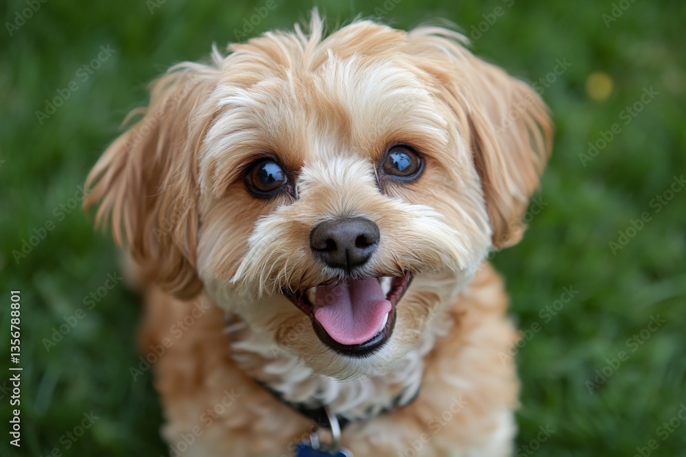 Happy small dog with playful expression enjoys a sunny day outdoors in the garden Happy small dog with playful expression enjoys a sunny day outdoors in the garden