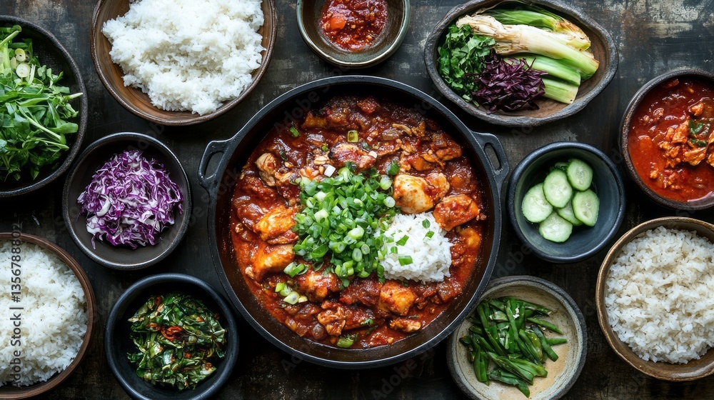 Korean braised chicken and rice is presented with side dishes Korean braised chicken and rice is presented with side dishes