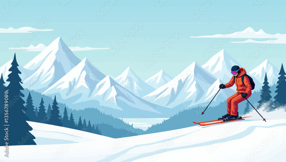 Vector illustration of skier in bright orange outfit skiing through snowy hills with scenic mountain view in winter landscape. Vector illustration of skier in bright orange outfit skiing through snowy hills with scenic mountain view in winter landscape.