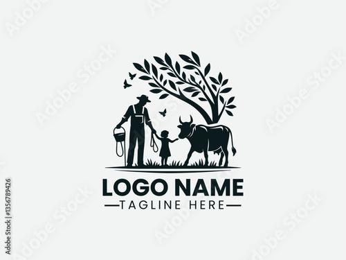 Farmer and Child Cow Silhouette Rural Family Logo Design