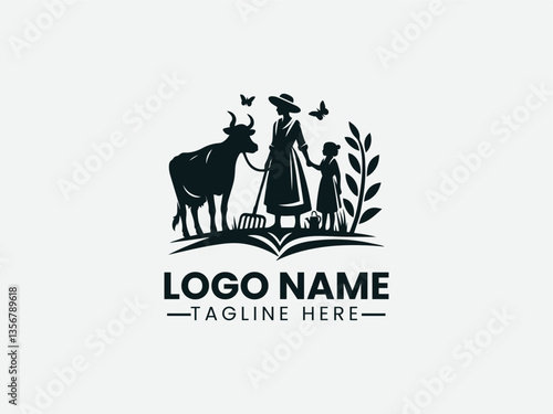 Farmer and Child Cow Silhouette Rural Family Logo Design