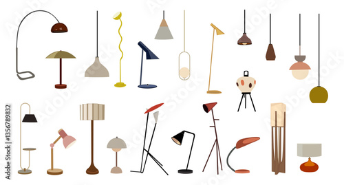Electric table, floor lamps, lampshades, ceiling chandeliers, bedside nightlights set. Different interior light decor standing and hanging. Flat vector illustrations isolated on transparent background