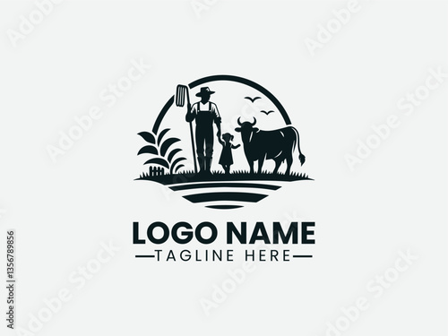 Farmer and Child Cow Silhouette Rural Family Logo Design