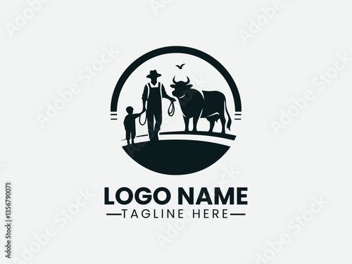 farmer and child with cow silhouette. Rural family life logo