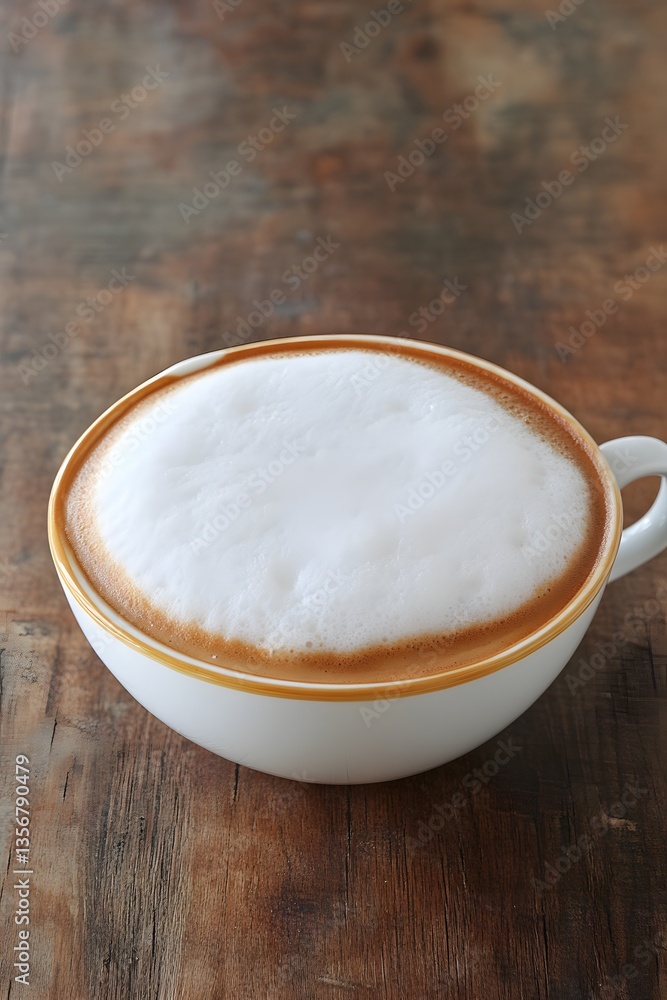 Creamy Cappuccino Coffee in White Cup on Wooden Table Creamy Cappuccino Coffee in White Cup on Wooden Table