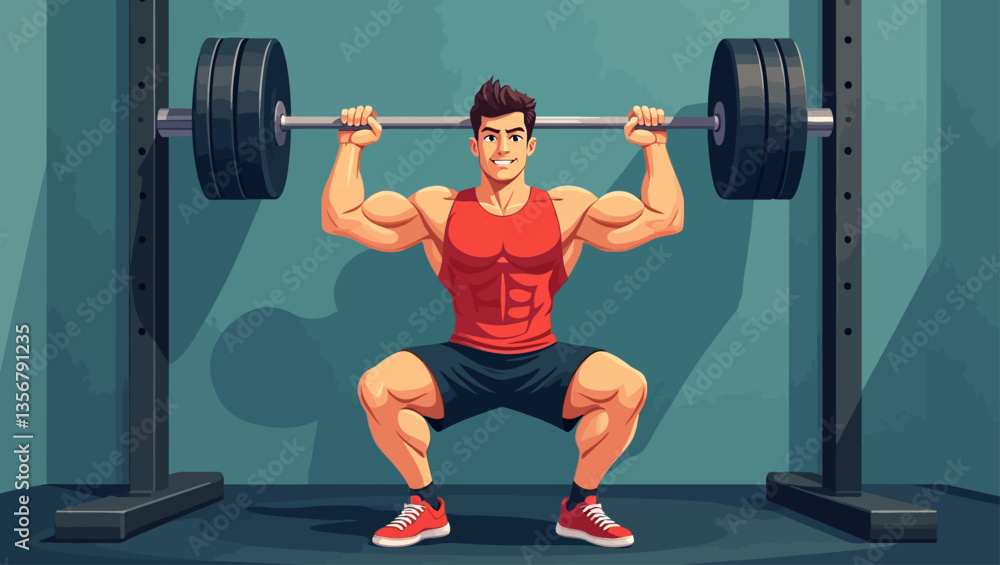 Muscular man squatting with heavy barbell in gym, demonstrating strength training. Muscular man squatting with heavy barbell in gym, demonstrating strength training.