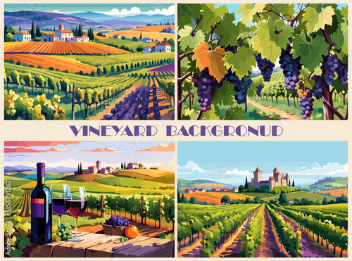 A set of four landscape with vineyards. The paintings are of different styles and moods, but all feature vineyards and grapes. The first painting shows a vineyard with a bottle of wine and wine glass