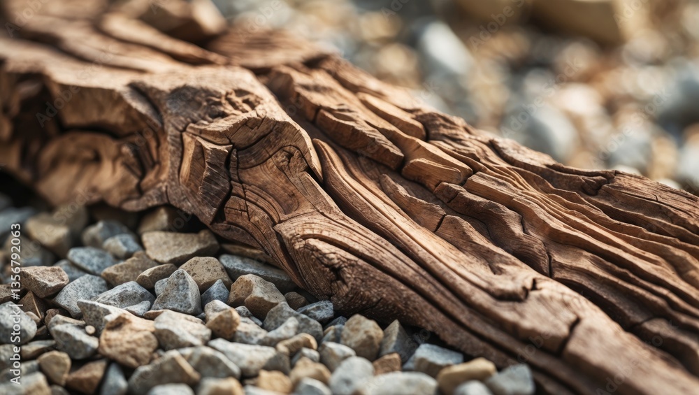 Wood grain texture prominently displayed with intricate patterns on a weathered piece of wood, surrounded by small, multicolored stone gravel in natural earthy tones. Wood grain texture prominently displayed with intricate patterns on a weathered piece of wood, surrounded by small, multicolored stone gravel in natural earthy tones.