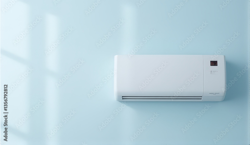 modern white air conditioner is mounted on light blue wall, casting soft shadows. sleek design and digital display add contemporary touch to minimalist setting modern white air conditioner is mounted on light blue wall, casting soft shadows. sleek design and digital display add contemporary touch to minimalist setting