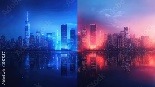 Wallpaper Mural Stunning Dual-Tone Cityscape of Urban Skyline Reflected in Serene Water Under Dramatic Night Sky Torontodigital.ca