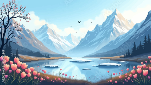 Peaceful spring mountain landscape with icy lake, flowers and birds in a serene atmosphere.